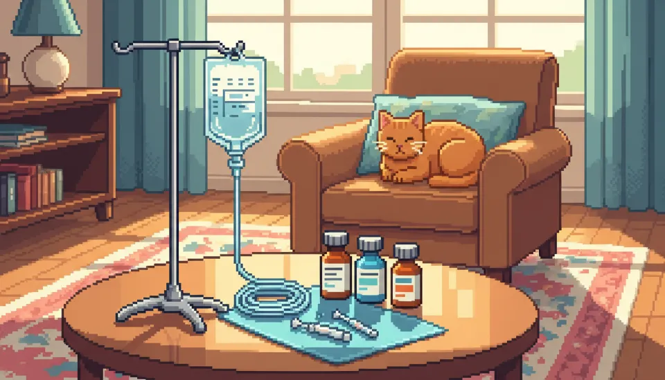 가정 간호를 위해 준비된 강아지 피하 수액 세트와 신부전 관리 필수 보조제인 인 흡착제 및 영양제 병