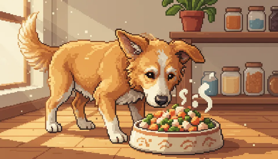 따뜻하게 데워진 신장 처방식과 자연식을 섞은 밥그릇 냄새를 맡으며 관심을 보이는 노령견의 모습