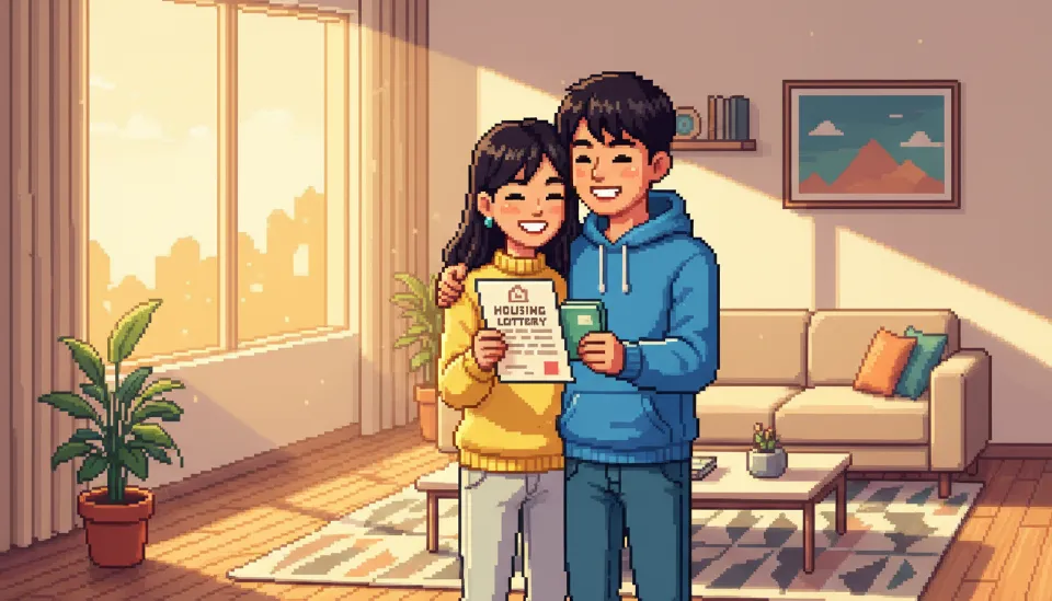 햇살이 들어오는 거실에서 청년 주택드림 청약통장과 당첨 통지서를 들고 환하게 웃고 있는 신혼부부의 희망찬 모습