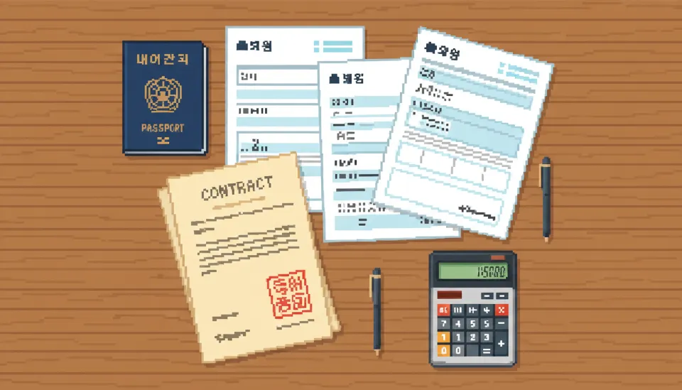 책상 위에 정갈하게 정리된 분양 계약서, 주민등록등본, 소득 증빙 자료 등 대출 신청 필수 서류 모음