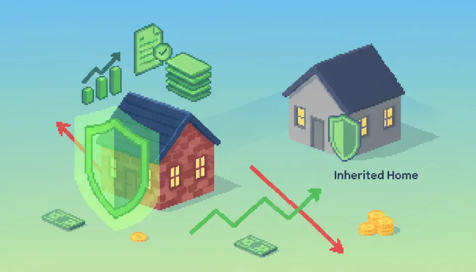 기존 주택에는 녹색 방패 모양의 비과세 보호막이 씌워져 있고, 배경에는 별도로 상속받은 주택이 배치되어 있는 3D 렌더링 이미지