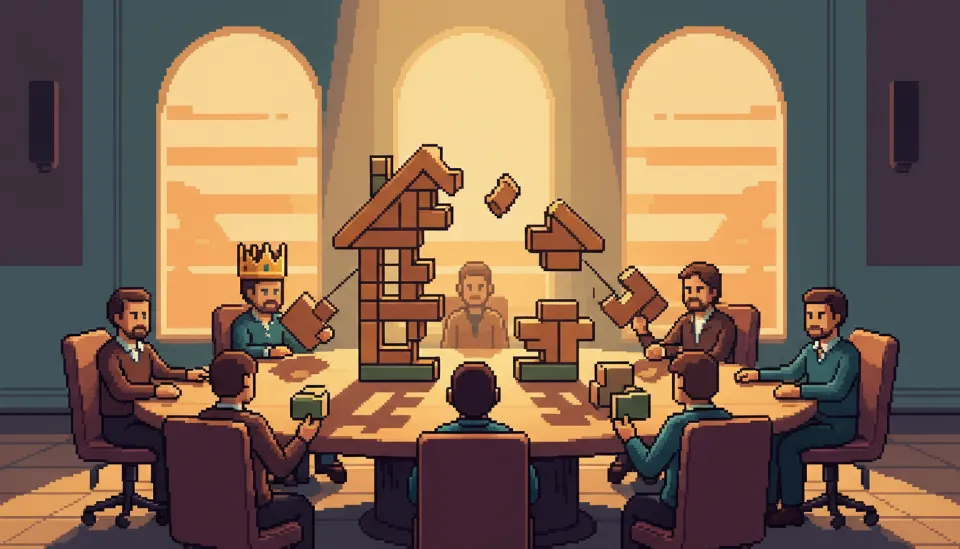 원탁 위에 놓인 집 모양의 퍼즐을 서로 다른 크기의 조각으로 나누는 모습, 가장 큰 조각은 주된 상속인을 상징하고 작은 조각은 소수 지분자를 의미함