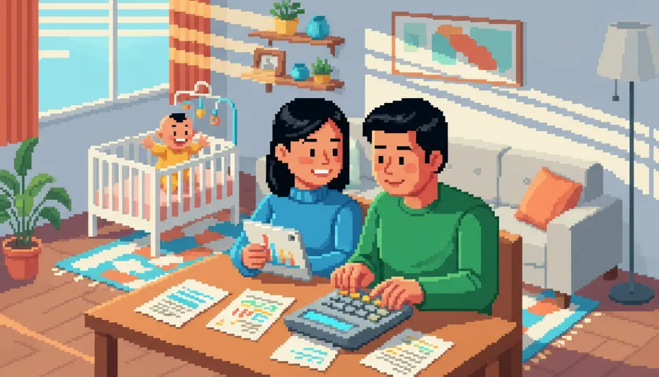 거실 테이블 위에서 계산기와 서류를 검토하며 미소 짓는 젊은 부부와 뒤편 아기 침대에서 놀고 있는 아기의 평화로운 모습