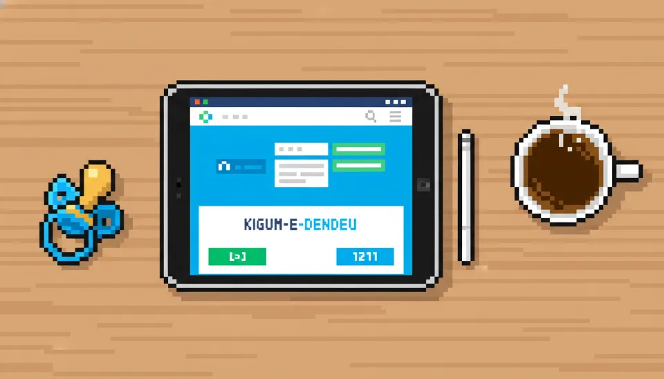 나무 책상 위에 놓인 태블릿 PC 화면에 주택도시기금 기금e든든 홈페이지가 띄워져 있고 커피와 아기 쪽쪽이가 함께 있는 모습