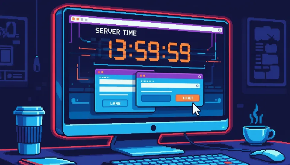 네이비즘 서버 시간 사이트에서 59초를 가리키는 모니터 화면과 여러 브라우저가 띄워진 긴박한 티켓팅 준비 모습