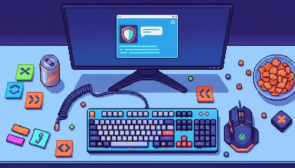 팝업 차단 해제 알림이 떠 있는 모니터와 기계식 키보드, 마우스가 세팅된 티켓팅 전문 책상 환경