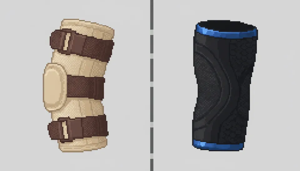 두꺼운 베이지색 의료용 팔꿈치 보호대와 얇고 통기성이 좋은 검은색 스포츠용 팔꿈치 슬리브를 비교한 이미지