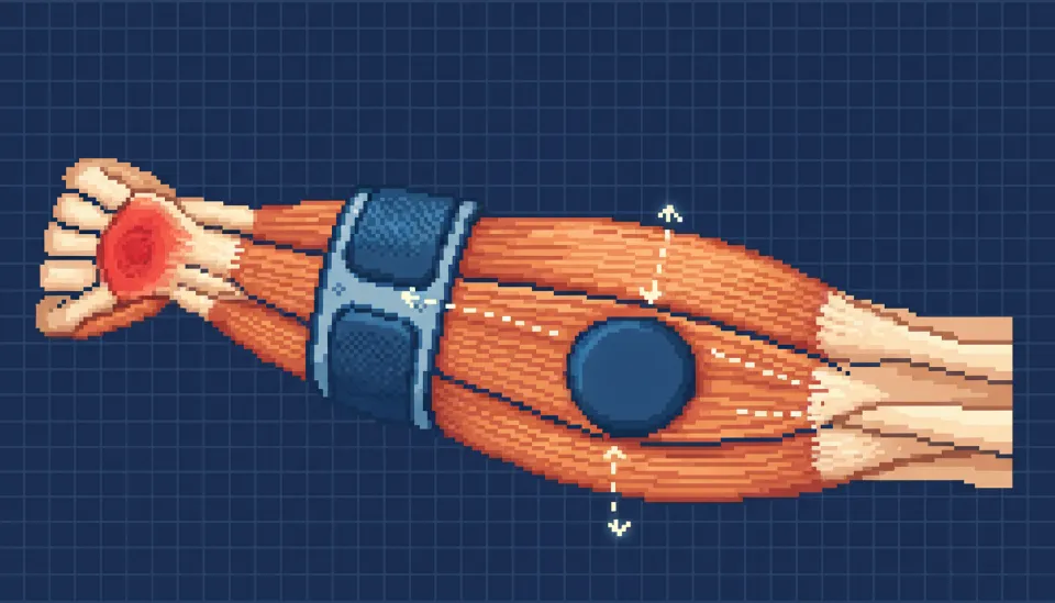 팔꿈치 보호대의 압박 패드가 전완근을 눌러 힘줄에 가해지는 장력을 완화시키는 원리를 보여주는 해부학적 단면도