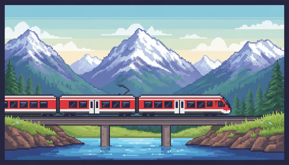 눈 덮인 알프스 산맥과 맑은 호수를 배경으로 달리는 빨간색 스위스 기차의 2026년 최신 풍경