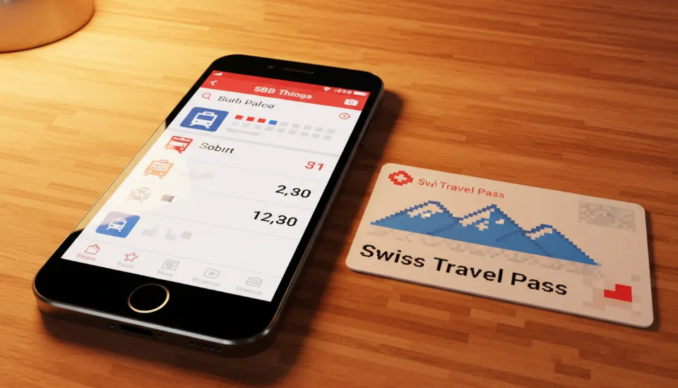 스마트폰 SBB 앱 화면에 띄워진 구간권 가격과 테이블 위에 놓인 스위스 트래블 패스 실물 카드의 비교
