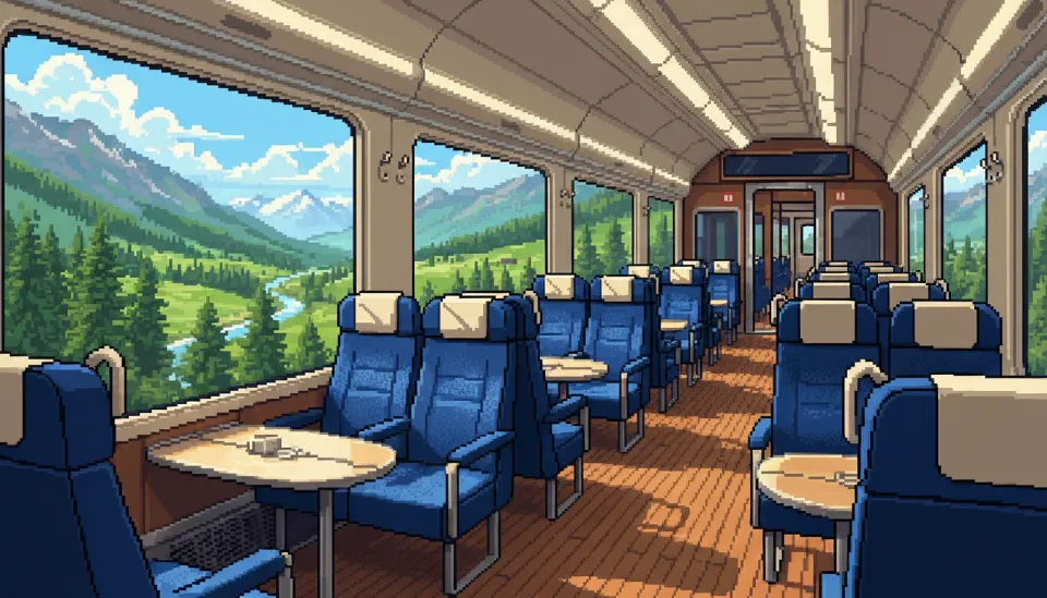 통유리창을 통해 푸른 초원이 내려다보이는 스위스 기차 1등석의 쾌적하고 넓은 좌석 내부 모습