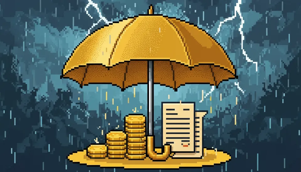 폭우가 쏟아지는 배경 속에서 금색 우산이 동전 더미와 사업 서류를 안전하게 보호하고 있어 노란우산공제의 법적 보호 기능을 시각적으로 표현한 3D 렌더링 이미지