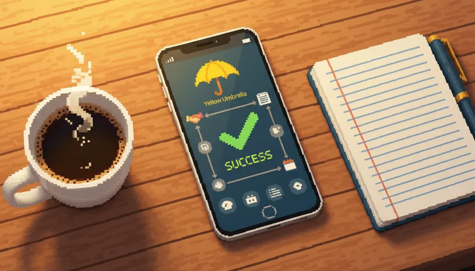 나무 책상 위에 놓인 스마트폰 화면에 노란우산 앱 가입 완료 체크 표시가 떠 있고 옆에는 커피 한 잔이 놓여 있어 간편한 비대면 가입을 나타내는 사진