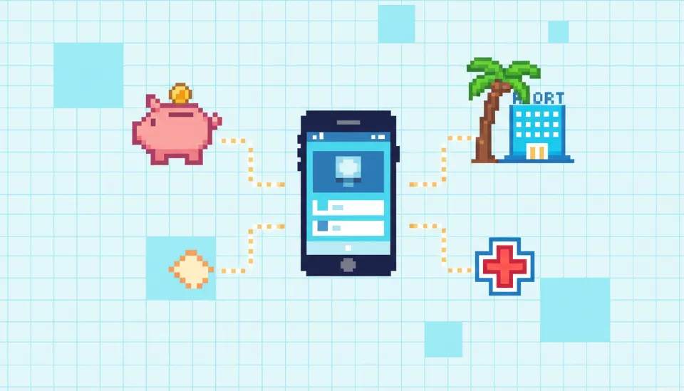 스마트폰을 중심으로 대출, 휴양 시설, 건강 검진 아이콘이 연결되어 노란우산공제 앱의 다양한 복지 혜택을 보여주는 인포그래픽 일러스트