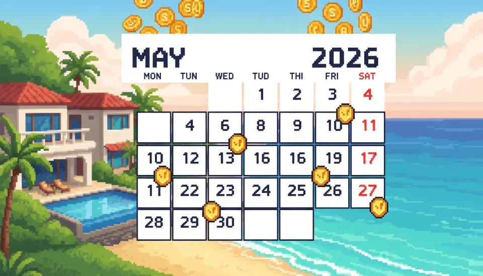 2026년 5월 달력 위에 할인 태그와 금화가 놓여 있고 배경으로 제주도 오션뷰 풀빌라가 흐릿하게 보이는 이미지