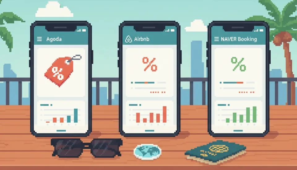 아고다, 에어비앤비, 네이버 예약 앱 화면이 띄워진 스마트폰 세 대와 가격표가 비교되어 있는 여행 준비 책상 이미지