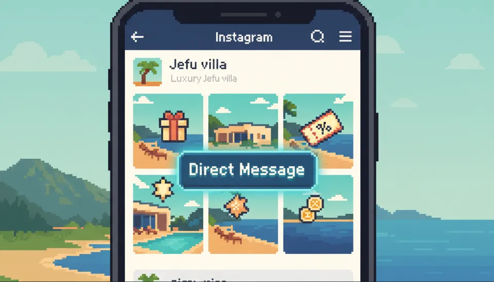 제주도 럭셔리 풀빌라의 인스타그램 프로필 화면과 다이렉트 메시지 버튼이 강조되어 있고 할인 쿠폰 아이콘이 떠 있는 일러스트