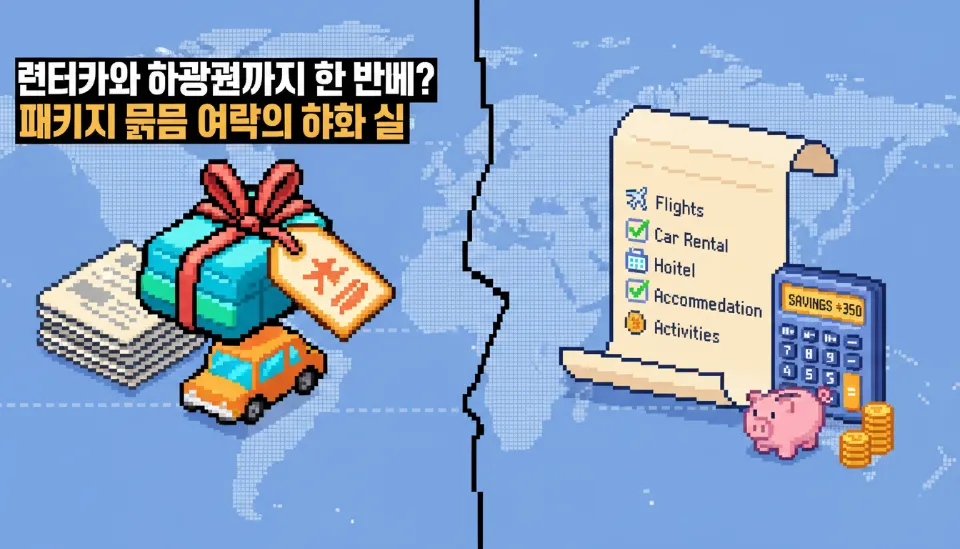 여행 패키지 상품 아이콘과 계산기로 절약된 금액을 보여주는 맞춤형 여행 계획 체크리스트가 대비된 이미지