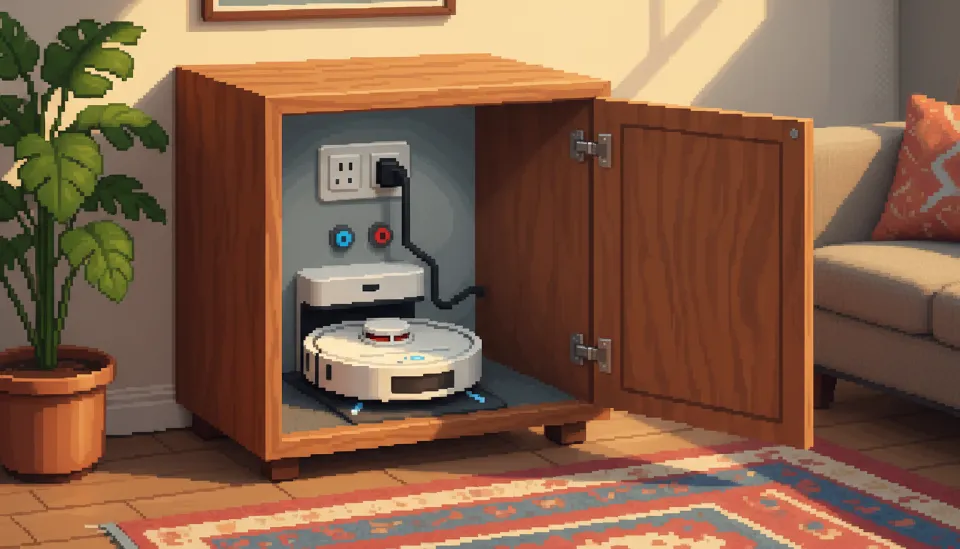 거실 수납장 하단에 빌트인으로 설치된 로봇청소기와 내부의 전원 콘센트 및 배관 연결 구조 예시