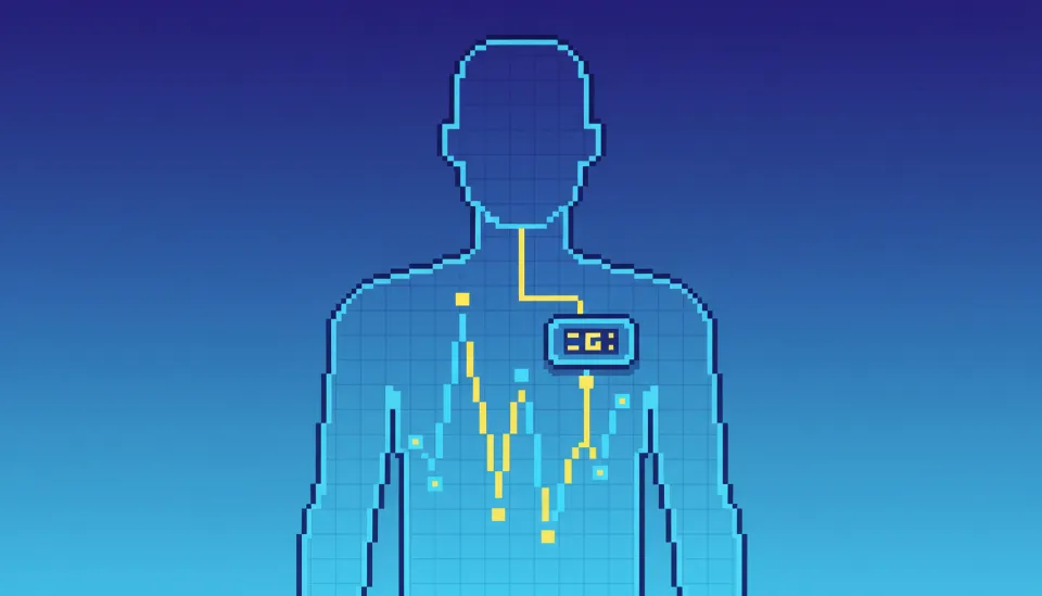 인체 실루엣 내부에서 실시간으로 변동하는 빛나는 혈당 그래프 선이 시각화된 의료 컨셉 이미지