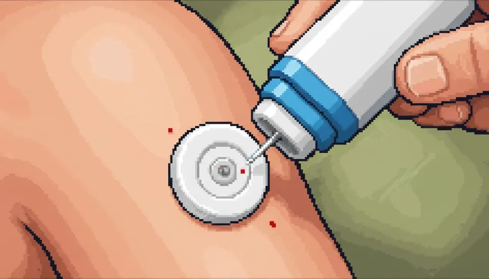 여성의 팔 뒤쪽 삼두근 부위에 원형의 흰색 프리스타일 리브레 연속혈당측정기 센서를 부착하는 클로즈업 장면