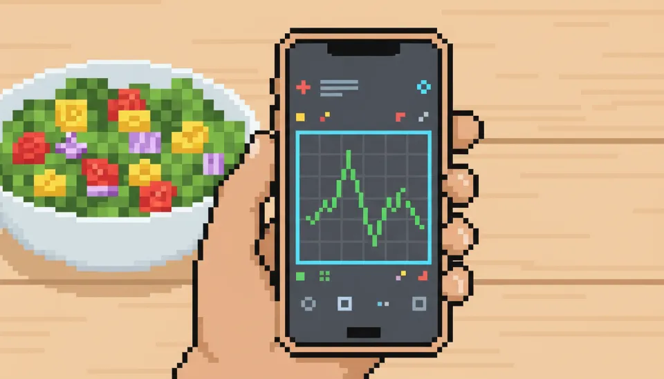 스마트폰 화면에 표시된 연속혈당측정 앱의 그래프가 녹색 목표 범위 내에서 안정적으로 유지되는 모습과 배경의 샐러드 그릇