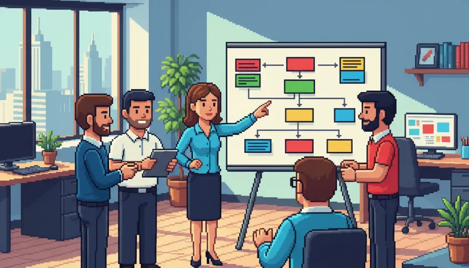 화이트보드에 그려진 비즈니스 프로세스 흐름도를 보며 토론하고 있는 펑셔널 컨설턴트들의 회의 모습