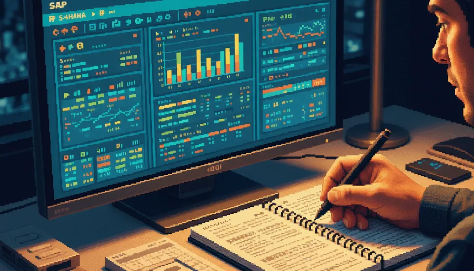 SAP S/4HANA 화면에 띄워진 재무제표 대시보드와 이를 분석하며 노트에 메모하는 컨설턴트의 손