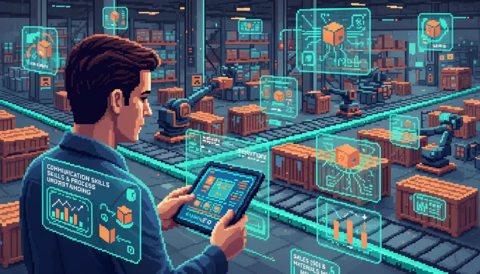 스마트 물류 창고에서 태블릿을 통해 자재 이동 경로와 재고 현황을 실시간으로 확인하는 자재 관리 전문가