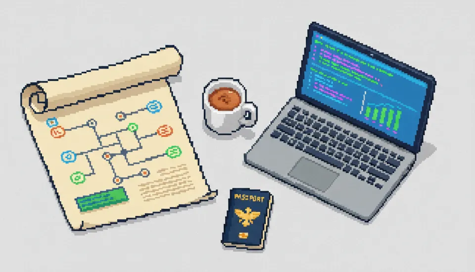 취업 성공을 위한 학습 로드맵과 노트북, 그리고 글로벌 프로젝트를 상징하는 여권이 놓인 책상 위 모습