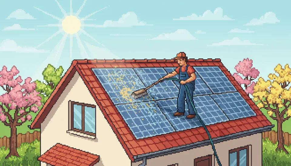 이른 아침 봄 햇살 아래에서 주택 소유자가 부드러운 브러시와 호스를 사용하여 지붕 위 태양광 패널을 조심스럽게 물 세척하는 모습