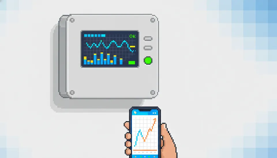 정상 작동을 알리는 녹색 불이 켜진 태양광 인버터 디스플레이와 이를 실시간 모니터링 앱 그래프와 비교하고 있는 스마트폰 화면의 클로즈업