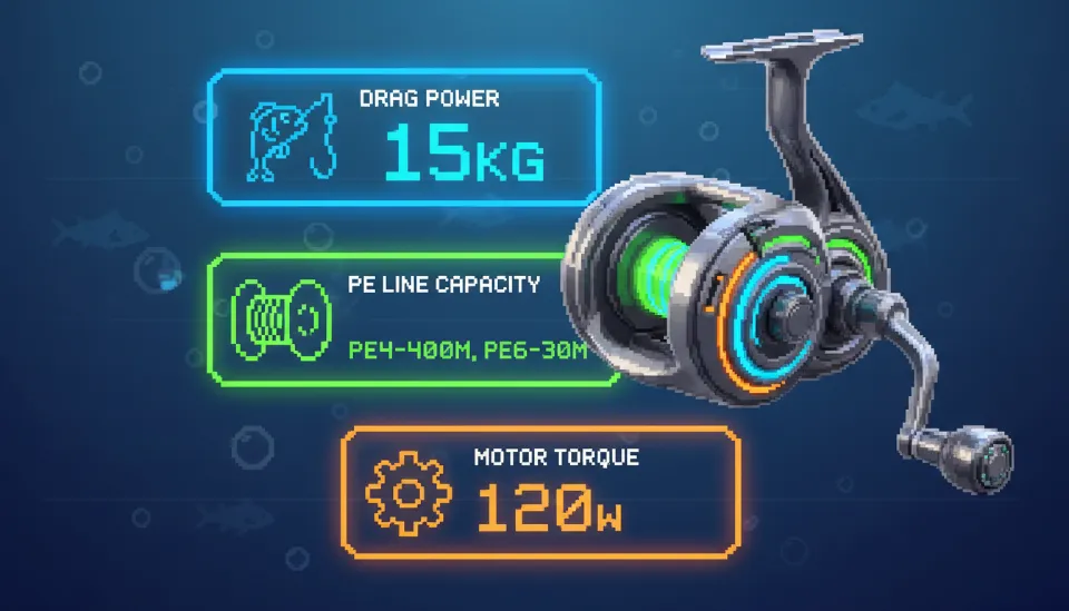 전동릴의 핵심 스펙인 드랙력, 라인 권사량, 모터 토크가 네온 색상으로 강조된 인포그래픽 이미지