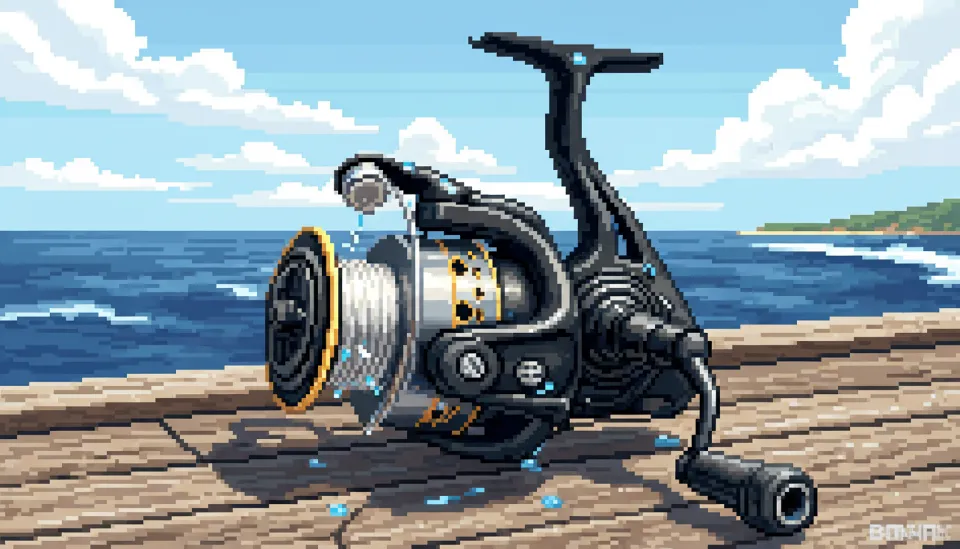 햇살이 비치는 나무 갑판 위에 놓인 검은색과 은색 조화의 바낙스 카이젠 300C 전동릴 측면 모습