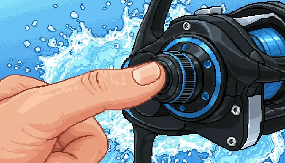 다이와 레오브릿지 전동릴의 JOG 파워 레버를 엄지손가락으로 조작하며 한 손으로 낚시하는 역동적인 모습