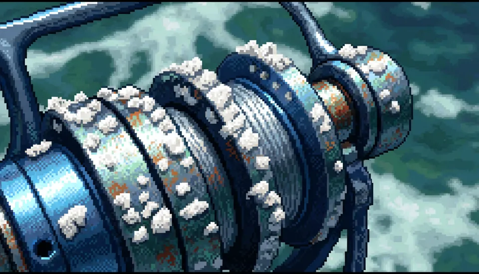 시마노 스텔라 릴의 라인 롤러 부분에 하얗게 굳어있는 소금 결정과 미세한 부식 흔적을 확대한 모습