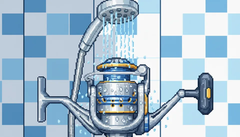 약한 수압의 샤워기 물줄기 아래에서 시마노 스텔라 릴의 표면 염분을 씻어내고 있는 과정