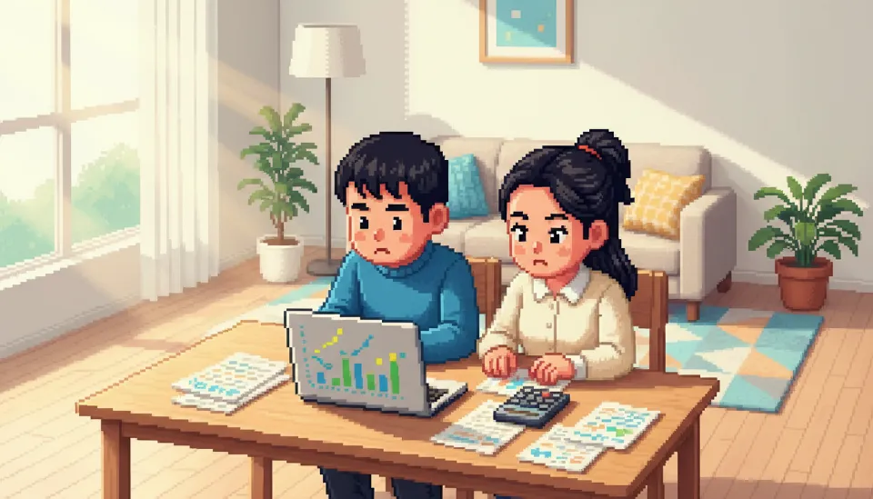 노트북 화면에 띄워진 2026년 디딤돌 대출 소득 기준 표를 꼼꼼히 확인하고 있는 신혼부부의 모습과 계산기, 서류들