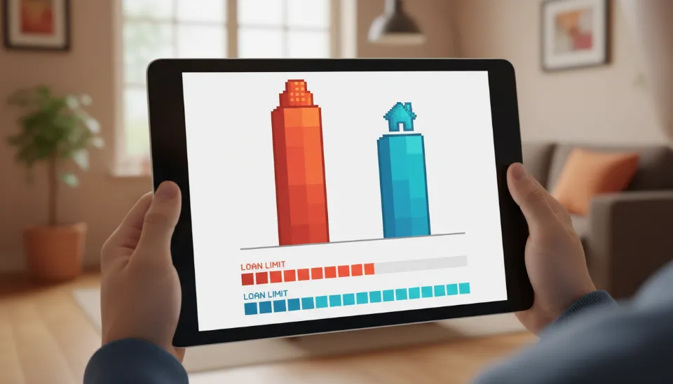 시중은행의 높은 금리 막대그래프와 디딤돌 대출의 낮은 금리 막대그래프를 비교하여 보여주는 태블릿 화면 인포그래픽