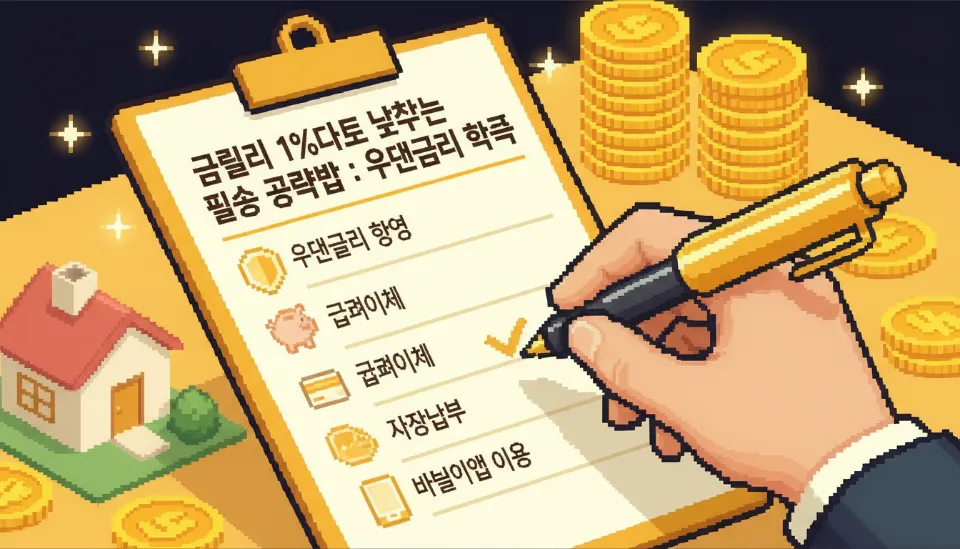청약 통장 가입 기간과 전자계약 이용 등 우대금리 항목이 적힌 체크리스트에 펜으로 체크하는 손과 미니 하우스 모형
