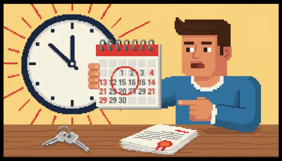 달력의 특정 날짜를 가리키며 대출 신청 골든타임을 체크하는 모습과 책상 위에 놓인 주택 열쇠 및 서류