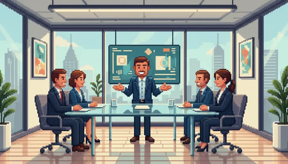 단정한 정장을 입은 지원자가 3명의 면접관 앞에서 자신감 있게 1분 자기소개를 하고 있는 공기업 면접장 전경