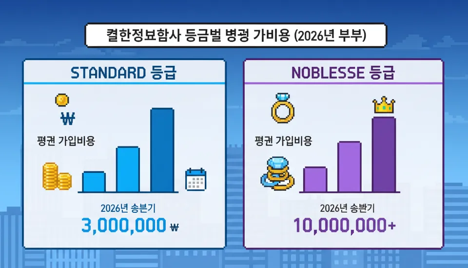 2026년 결혼정보회사 등급별 평균 가입비용을 비교한 인포그래픽, 일반사와 노블레스 회사의 가격 차이를 보여주는 차트 이미지