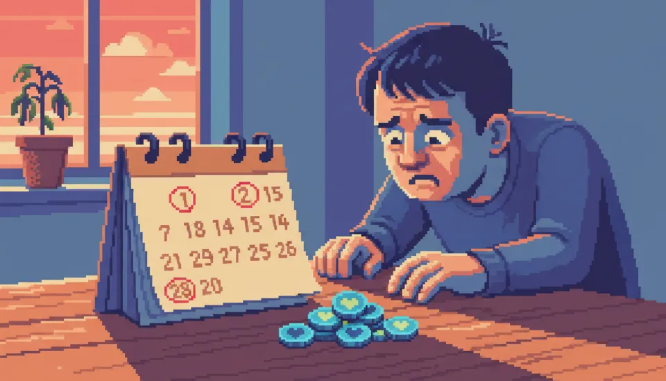 결혼정보회사 횟수제 프로그램의 횟수 차감 압박을 표현한 이미지, 달력과 남은 기회를 고민하는 남녀의 모습