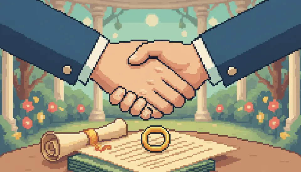 결혼 성사 시 성혼사례비를 지급하는 계약을 체결하는 모습, 웨딩 링과 계약서가 놓인 테이블 이미지