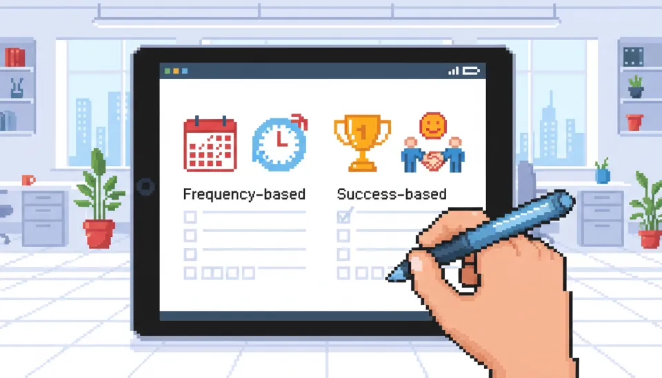 결혼정보회사 프로그램 선택을 위한 체크리스트, 태블릿 화면에 횟수제와 성혼제 비교 항목이 표시된 이미지