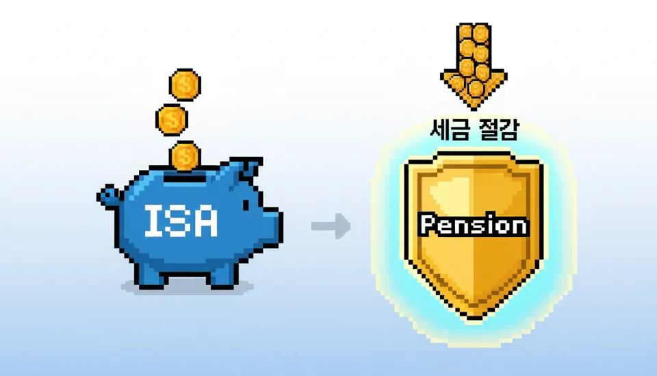 ISA 계좌에서 연금저축 계좌로 금화가 이동하며 세금 보호막이 형성되는 3D 인포그래픽, 자산 이동과 세제 혜택의 흐름을 시각화
