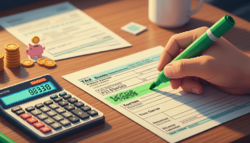 계산기와 세금 신고서 위에 300만 원 공제 한도와 16.5% 세율이 초록색 펜으로 강조된 모습, 구체적인 세금 환급 계산 과정