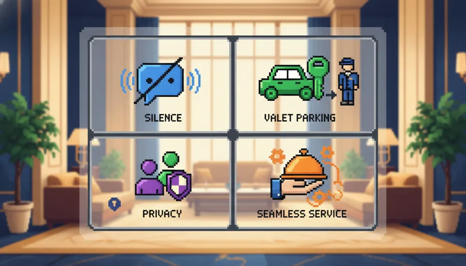 비즈니스 다이닝 선정 기준을 나타내는 인포그래픽으로, 정숙성, 주차 편의성, 서비스 품질 아이콘이 강조되어 있고 고급스러운 호텔 로비 배경이 흐릿하게 처리된 이미지