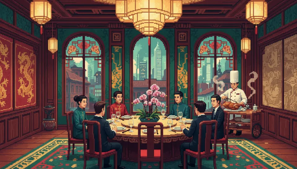 1920년대 상하이 풍의 에메랄드 그린 톤 인테리어로 꾸며진 고급 중식당 룸에서 셰프가 베이징 덕을 카빙하고 있는 모습과 고급스러운 식기 세팅